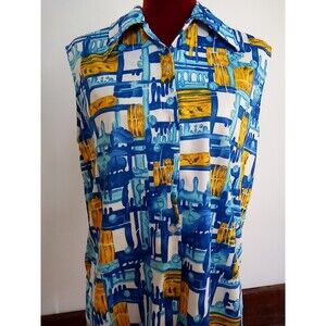 Vintage Womens Retro Top Size 44 Sleeveless Tank Top Fly Collar‎ Button 70s